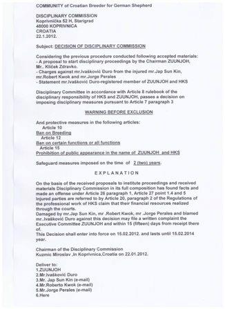 proof of sanction against Djuro Ivaskovic