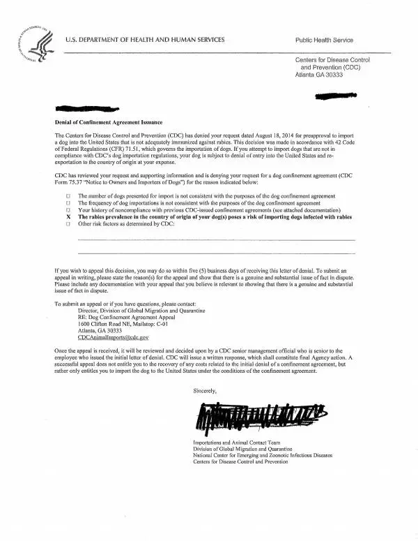 CDC denial letter